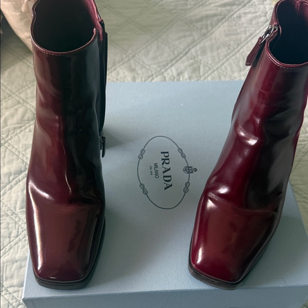 Prada Burgundy Patent Leather Ankle Boots